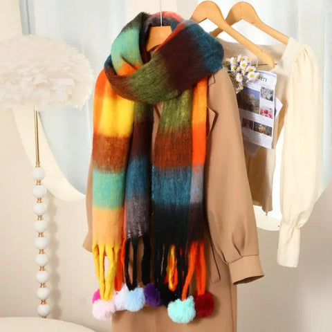 Pompom Tassels Wool Scarf - Image #3