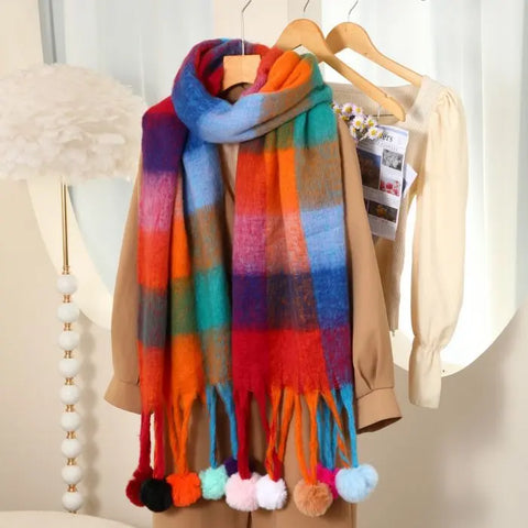 Pompom Tassels Wool Scarf - Image #1