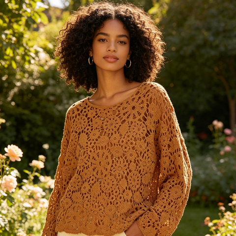 Caramel Crochet Sweater for Women | Lightweight Statement Knit