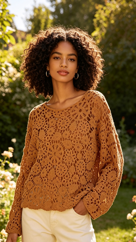 Caramel Crochet Sweater for Women | Lightweight Statement Knit