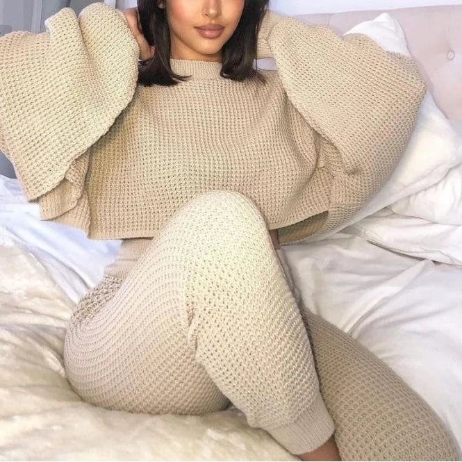 Waffle Knit Crop Jumper Loungewear set - Image #4