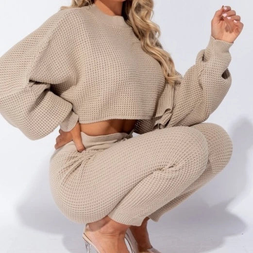 Waffle Knit Crop Jumper Loungewear set - Image #3