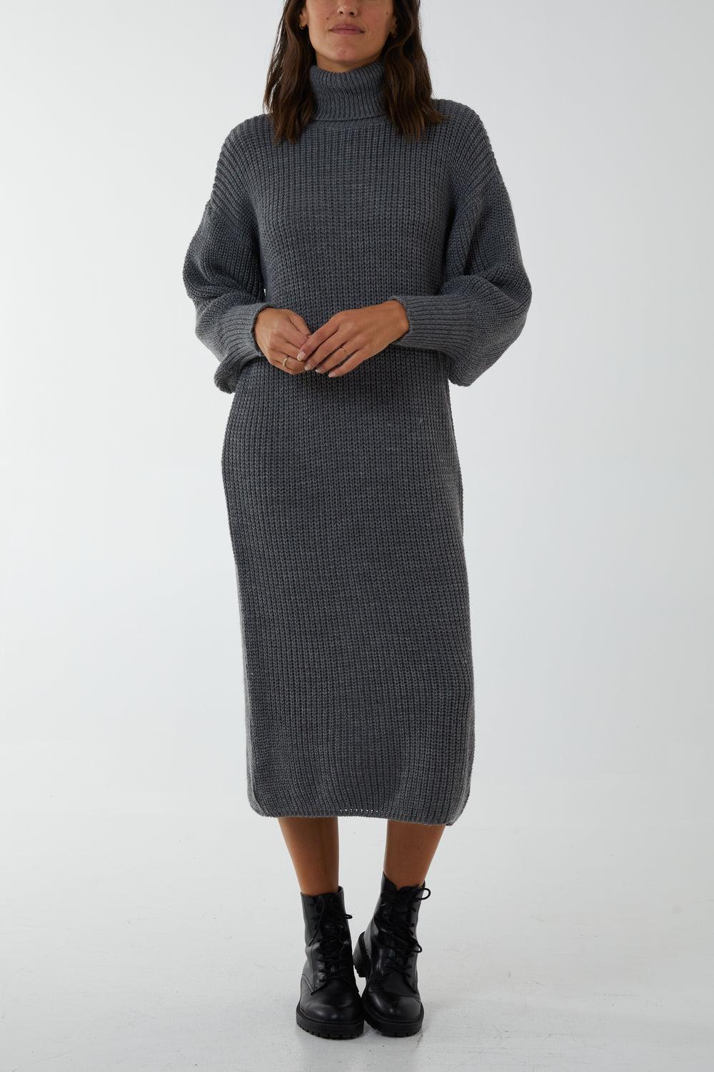Chunky Knit Roll Neck Midi Dress - Image #1
