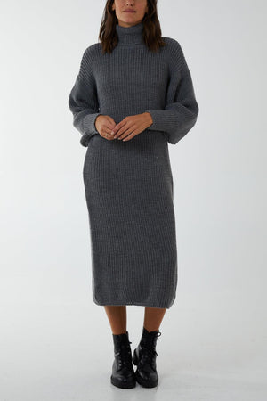 Chunky Knit Roll Neck Midi Dress - Image #1