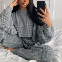 Waffle Knit Crop Jumper Loungewear set - Image #1